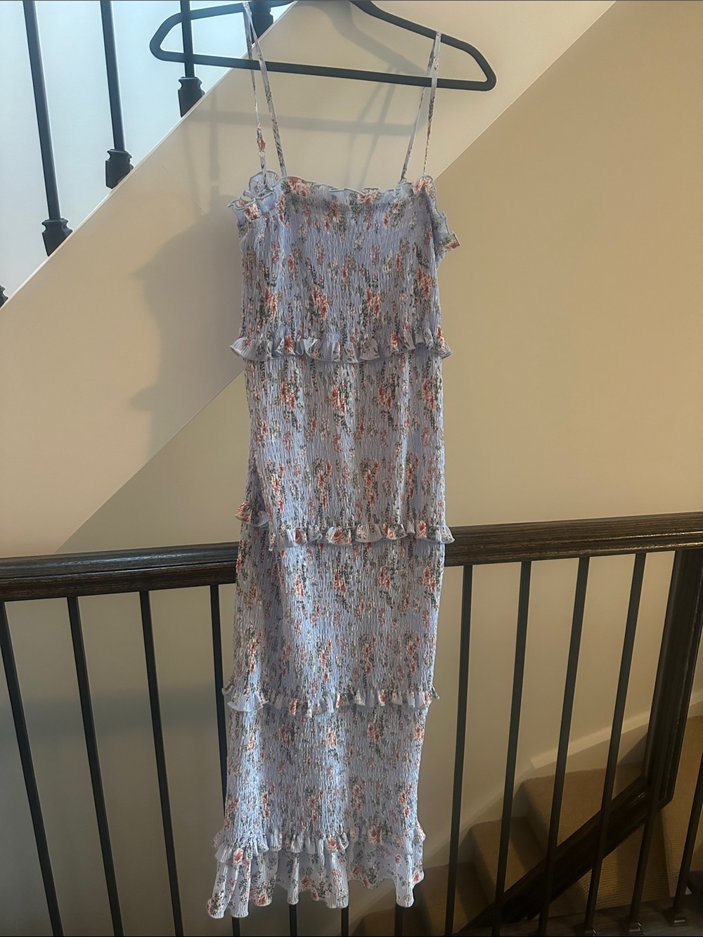 Smocked Floral Maxi Dress with Ruffle Tiers - Blue